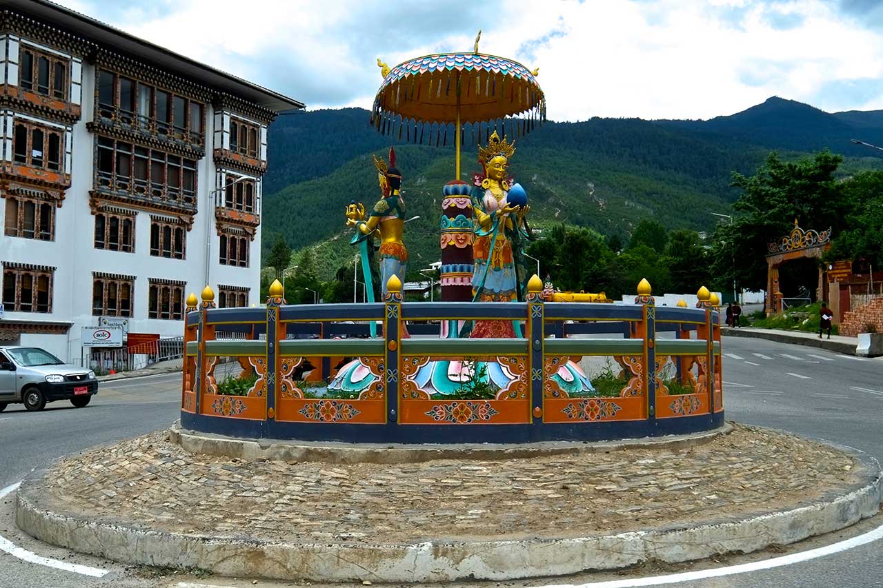 The Mini Roundabout Of Ornate Pavilion With Goddesses In Thimphu
