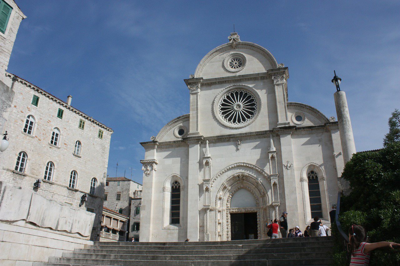 The dome-side view of the Catholic basilica in Šibenik, Croatia
