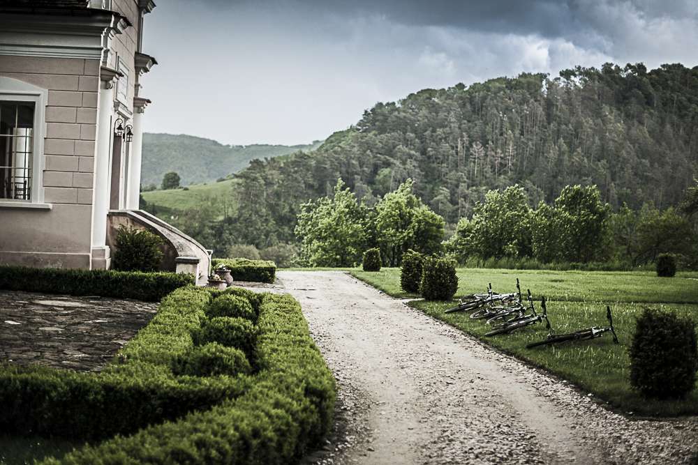 Bikes outside the 15th Century Apafi Manor, a recently restored Hungarian Manor House in Malancrav