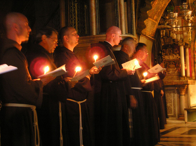 Catholic monks in the Church of the Holy Sepulchure, Jerusalem