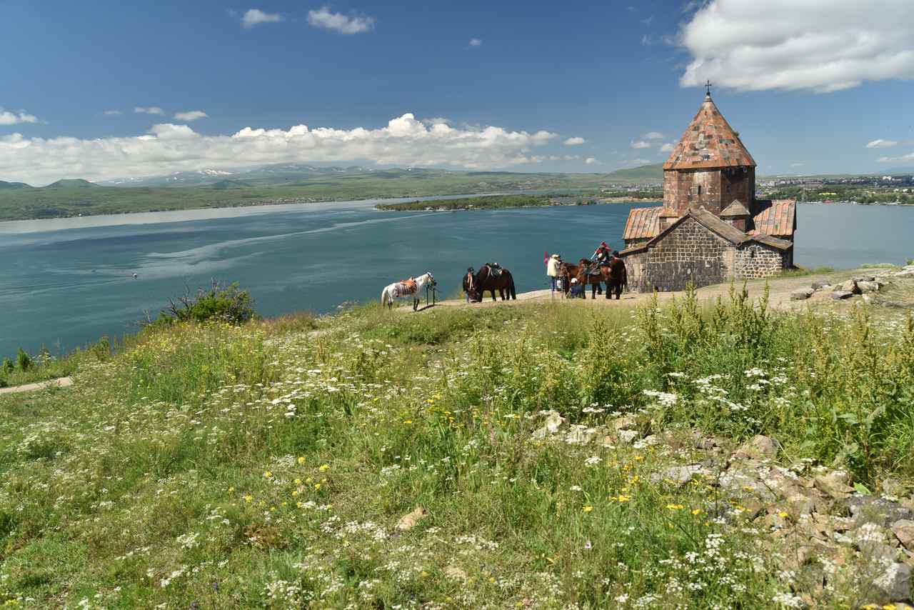 Sevanavank Monastery, perched on a rocky peninsula overlooking Lake Sevan in Armenia 