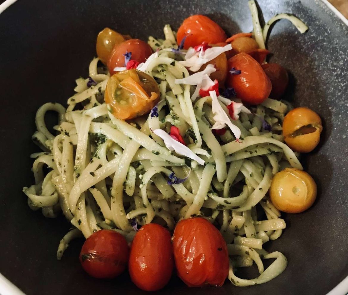 Foraged Main – Sorrel Pesto Linguine with Garden Grown Tomatoes and Salvia Flowers_Credit Burleigh Court Photography