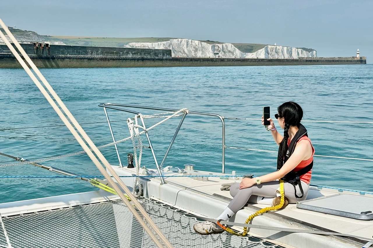 Great Views of the White Cliffs of Dover from from Echoes the SailLink Catamaran