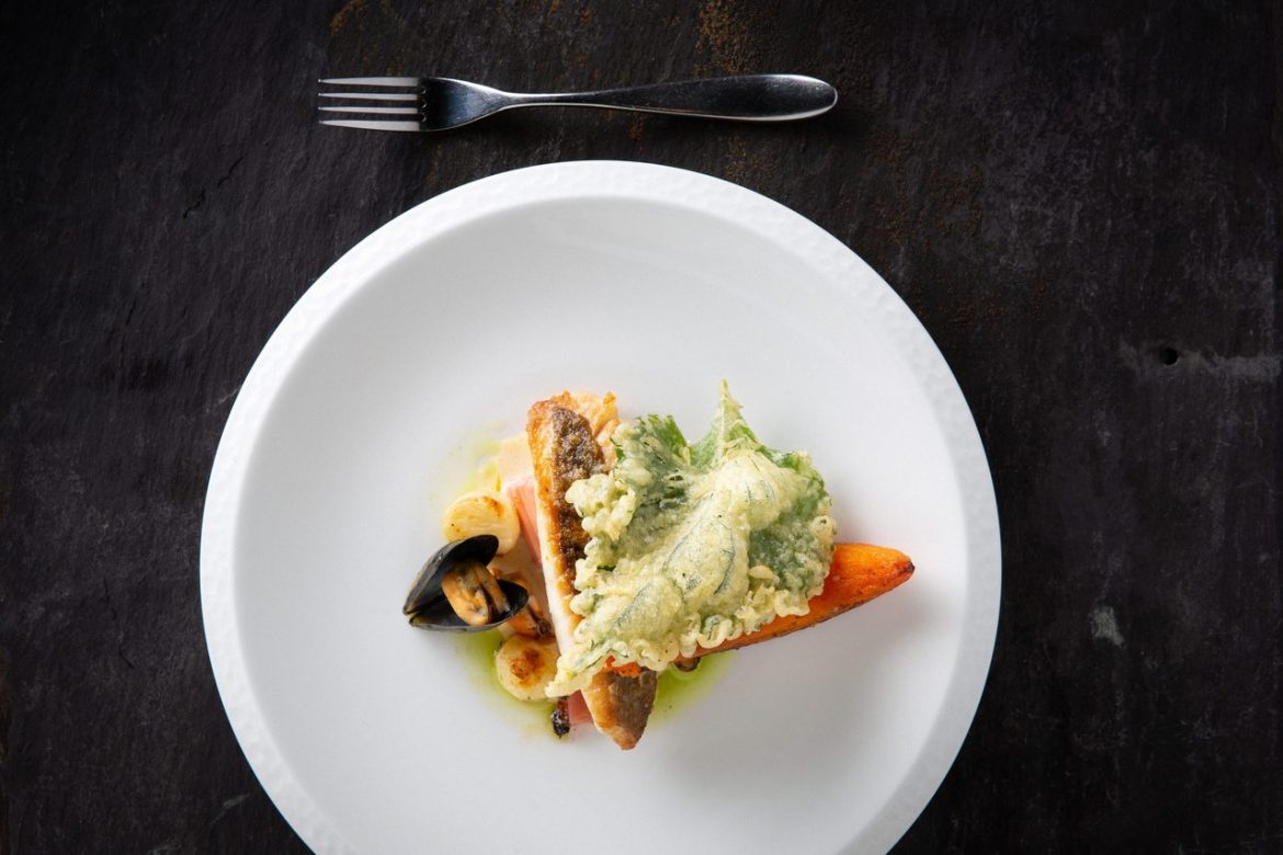 John Dory, Mussels, Hokkaido, Shiso and Rhubarb