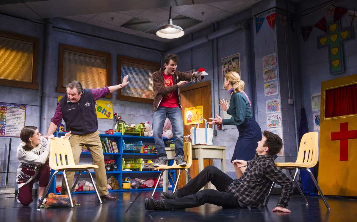 Jemima Rooper (Jessica), Neil Pearson (Pastor Greg), Harry Melling (Jason), Janie Dee (Margery) and Kevin Mains (Timothy) in Hand to God