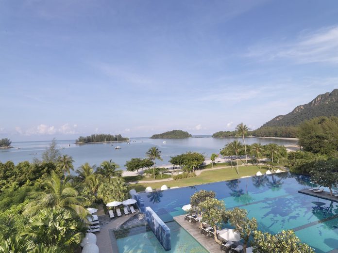 Panorama view of the Danna Langkawi hotel overlooking the infinity pool and The Andaman Sea Panorama view of the Danna Langkawi hotel overlooking the infinity pool and The Andaman Sea