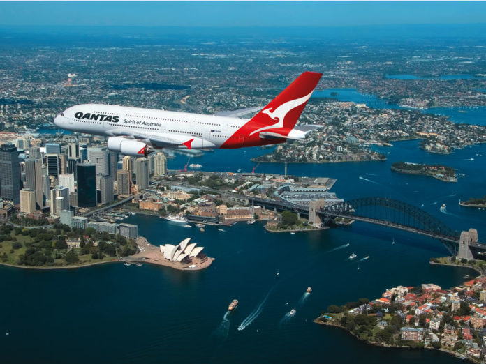 Qantas A380 flying over Sydney Harbor Qantas A380 flying over Sydney Harbor