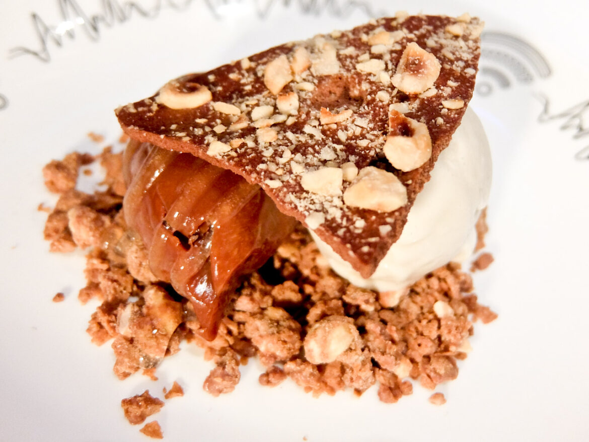 Salted-caramel ganache, praline, ice cream