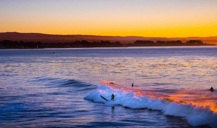 Santa Cruz surfers at sunset