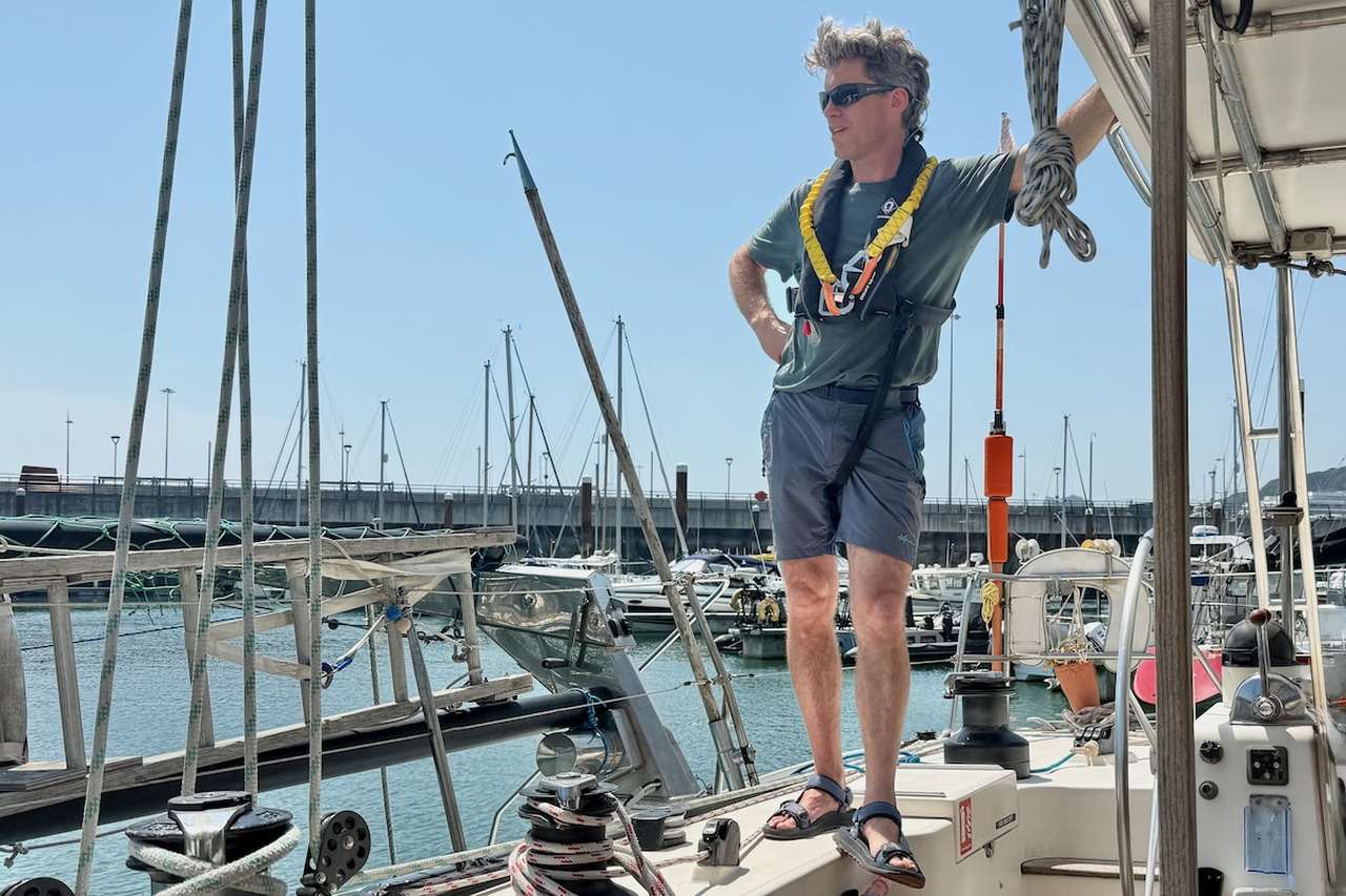 Skipper Andrew on Echoes the SailLink Catamaran Leaving Dover