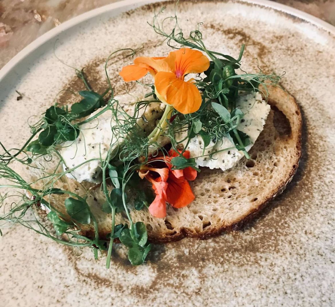 Starter – Cashew Pate with Wild Herbs (thyme, marjoram, mugwort, and yarrow) with garden grown microgreens and nasturtium_Credit Burleigh Court Photography