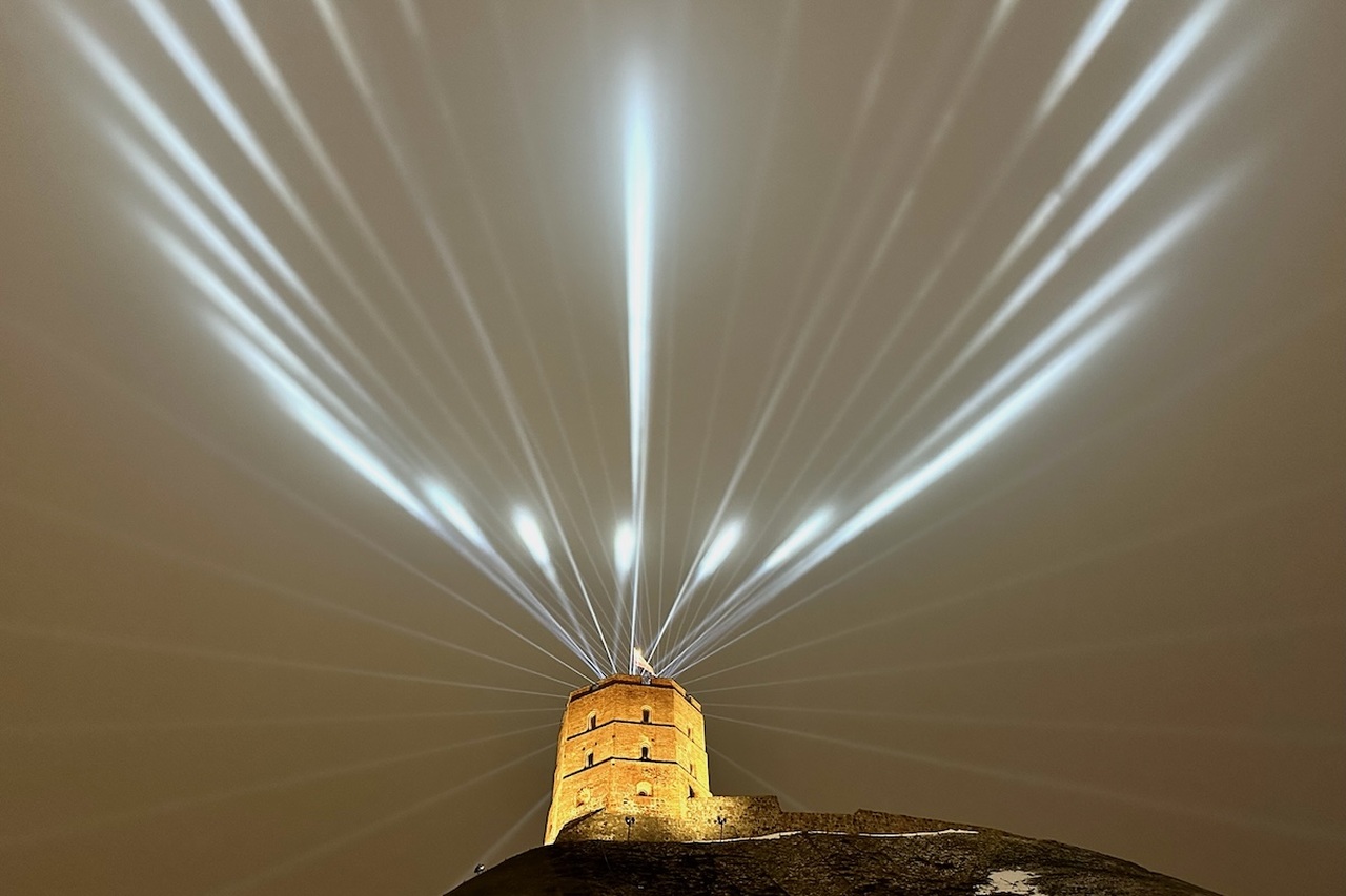 The Laser lights on top of Gediminas Tower Vilnius Light Festival