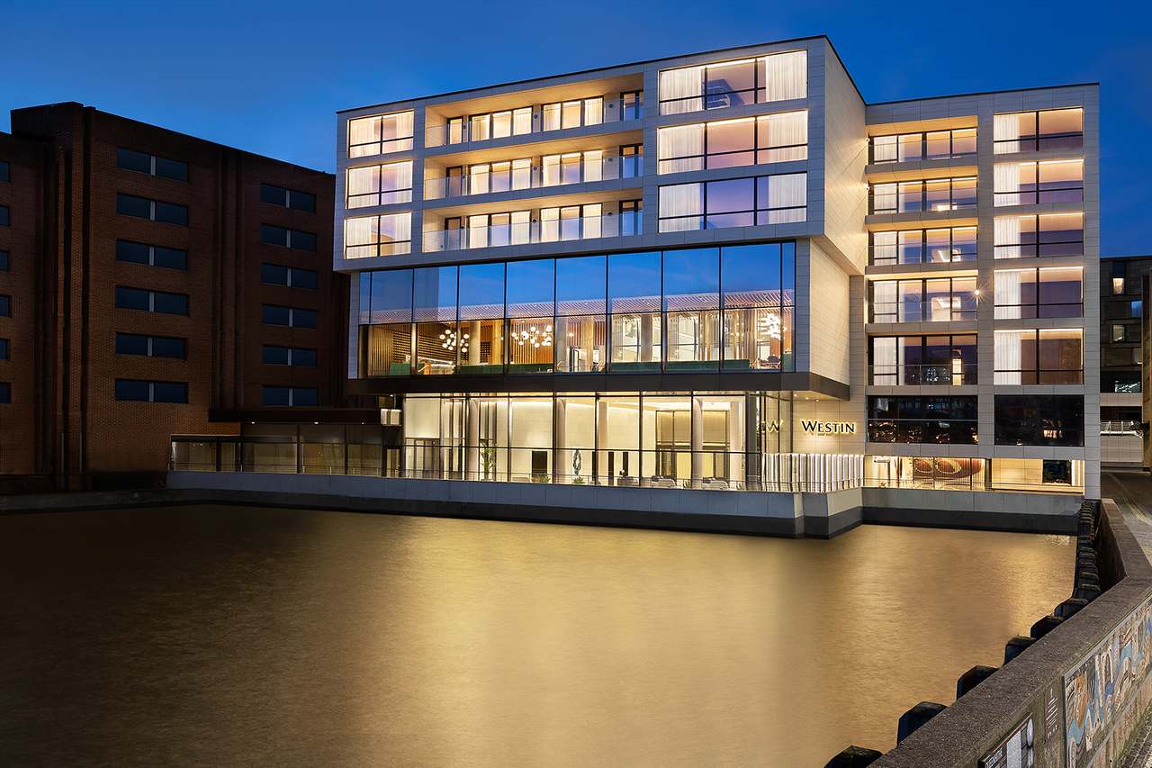 The Westin Hotel has angular white-metal-and-glass exterior.