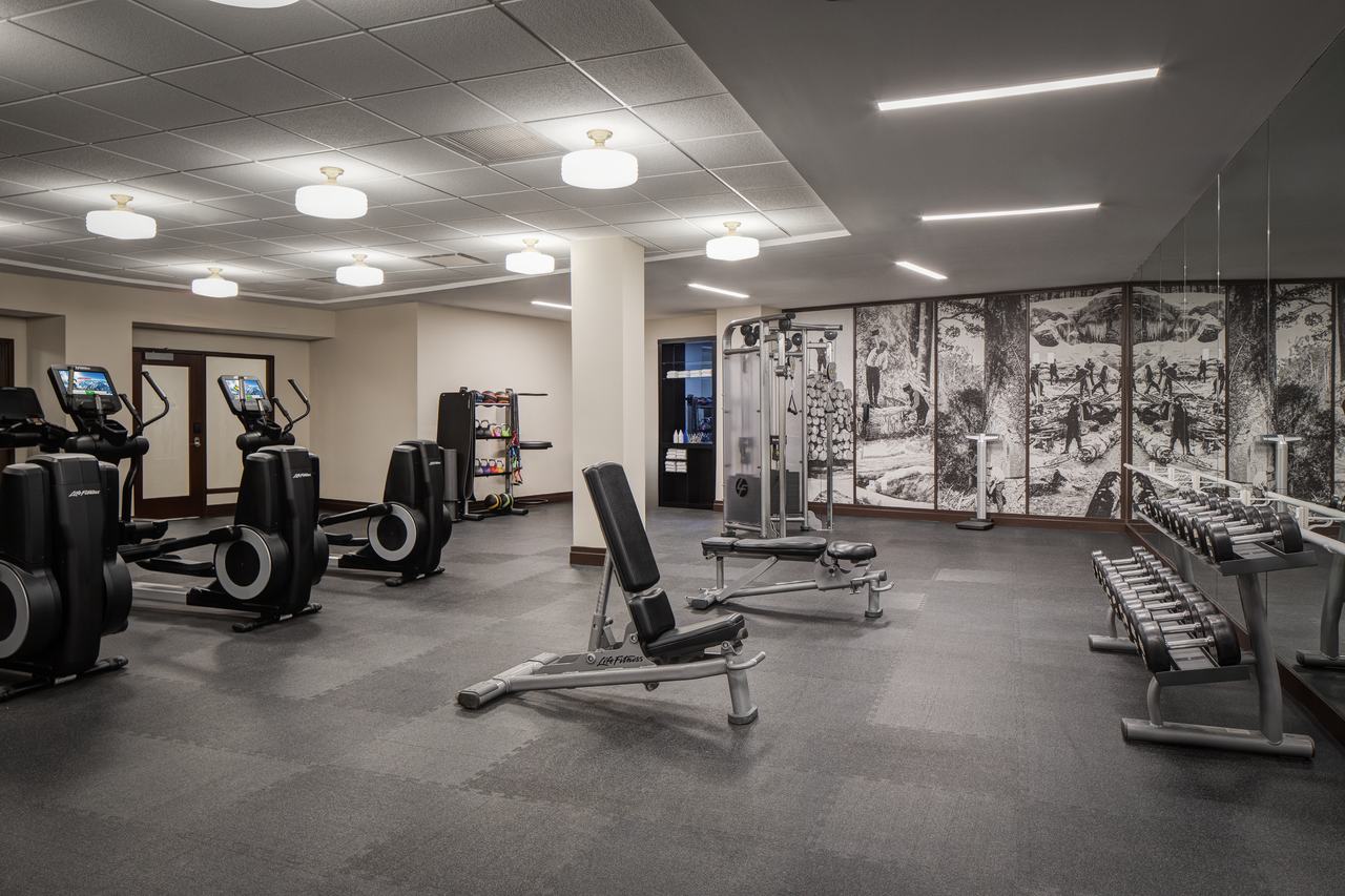 Fully equipped gym at Hotel David Whitney, Detroit
