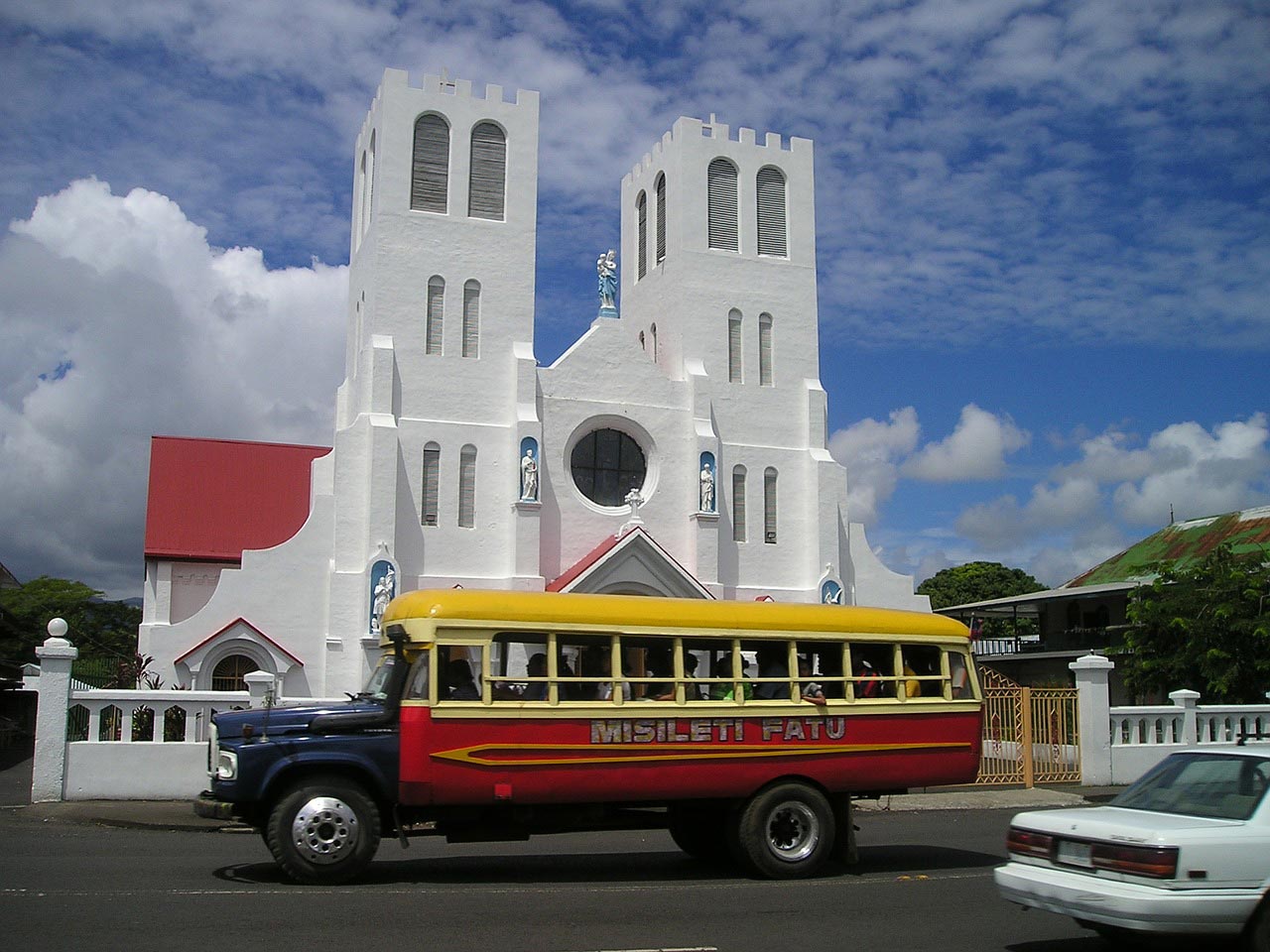 Samoa bus in front of church